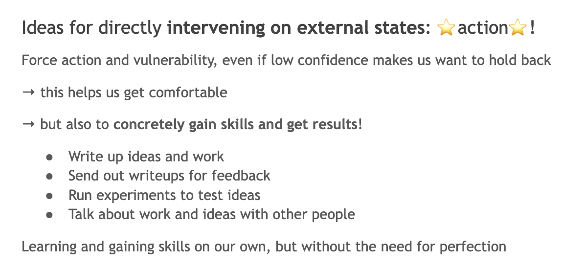 Ideas for intervening on external states: action!